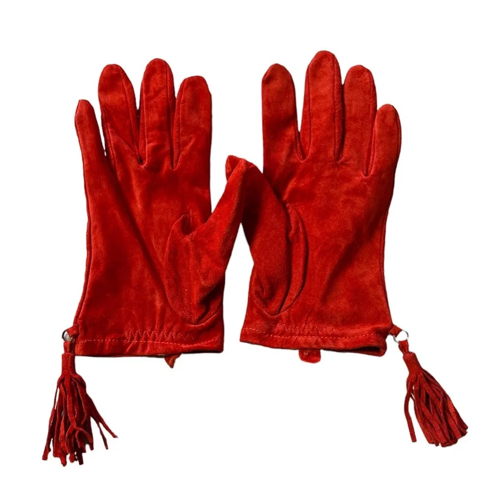 Red 100% genuine leather tassel detail gloves size L - Picture 2 of 5